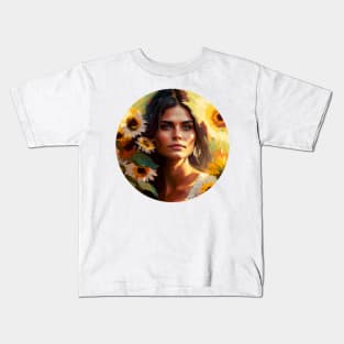 Beautiful feminine Portrait & flowers, Abstract Mexican Girl painting,  pretty woman Kids T-Shirt